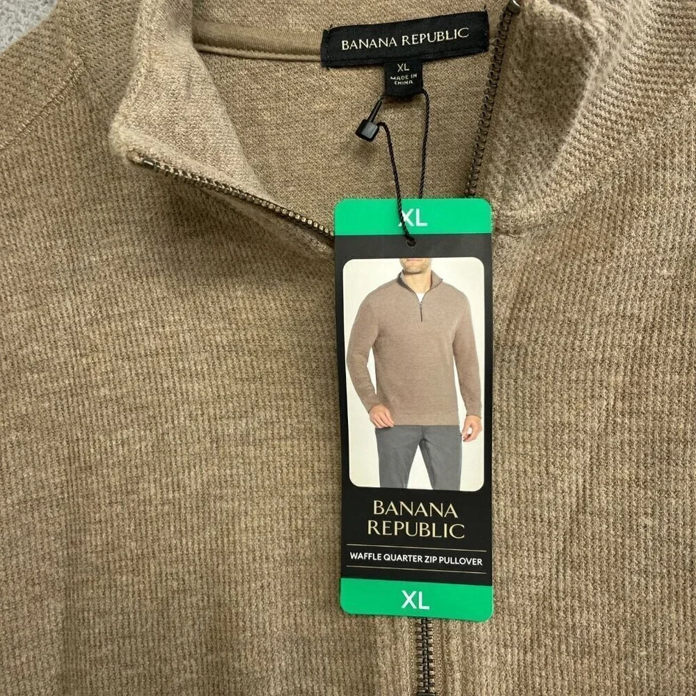 NEW Banana Republic Men's XL Beige Waffle Quarter-Zip Pullover Sweater